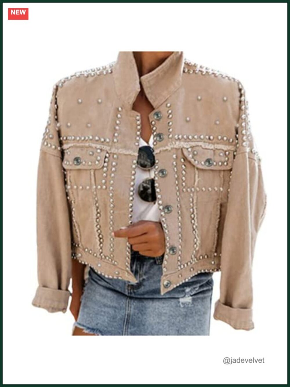 Distressed Washed Denim Jacket Women Cropped Studded White Jean Coat - Picture 1 of 6